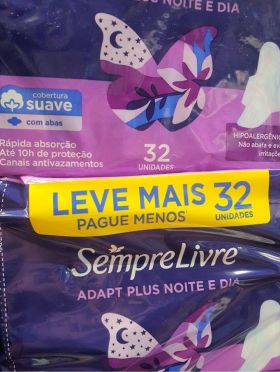 Absorvente Sempre Livre Adapt Plus Noite e Dia Cobertura Suave Leve Mais Pague Menos 32 unidades